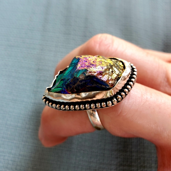 New Rainbow Titanium Crystal Quartz 925 Silver Statement Ring. - Picture 5 of 12